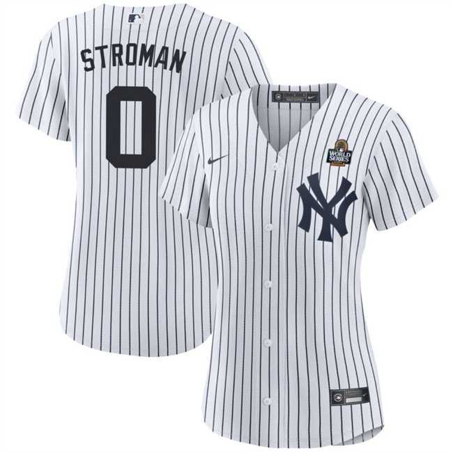 Women%27s New York Yankees #0 Marcus Stroman White 2024 World Series With Name Cool Base Stitched Jersey Dzhi